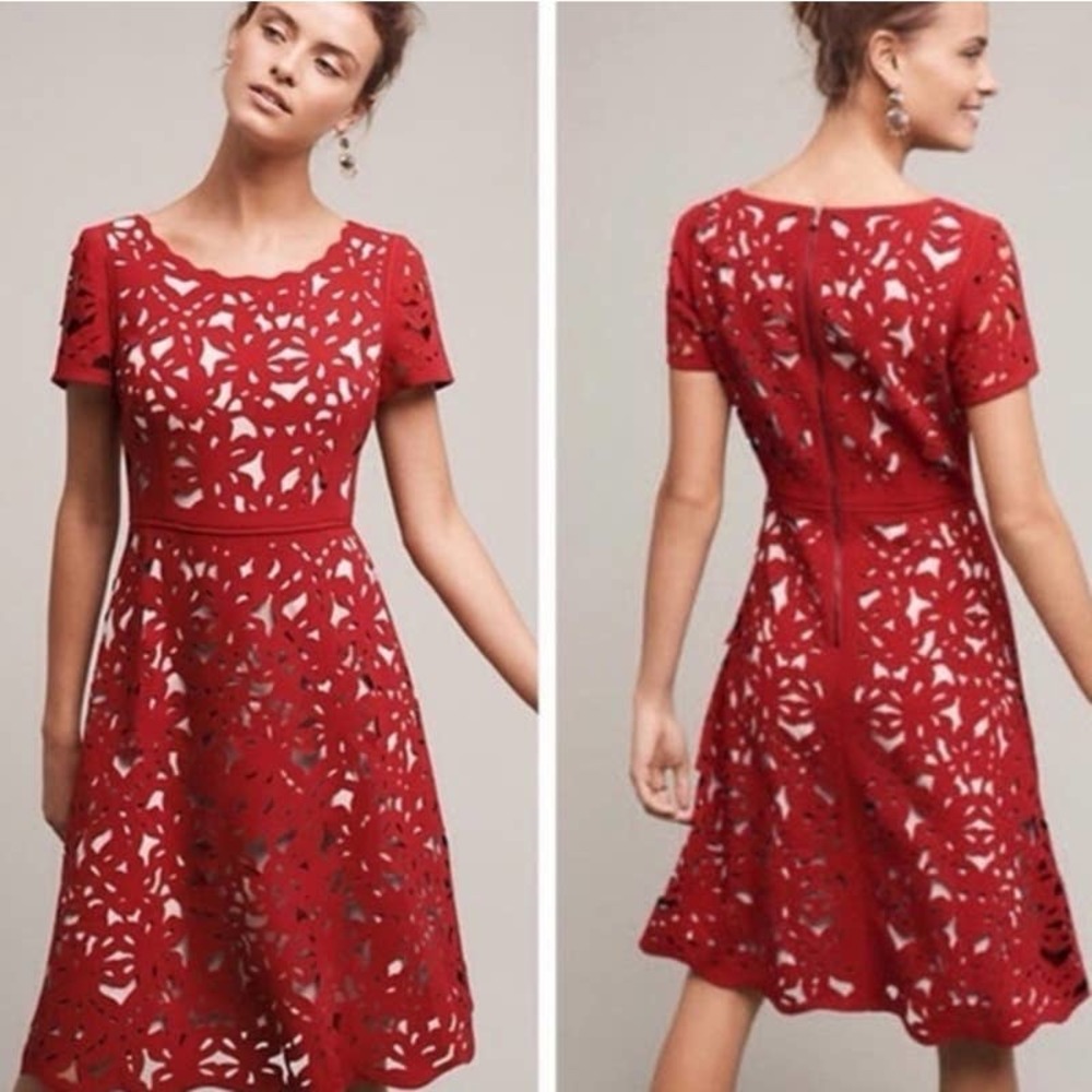 Anthropologie Moulinette Soeurs Aliz Red Laser Cut Nude Lined Dress Size 12